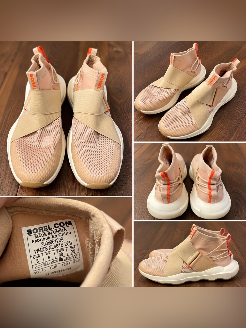 Sorel Women's Blush Pink and Beige Slip-On Mesh Sneakers with Orange Accents